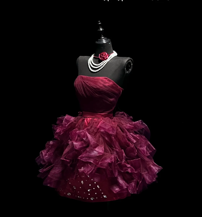 Pretty Burgundy Strapless Tulle Beaded A Line Short Homecoming Dress Formal Birthday Outfits