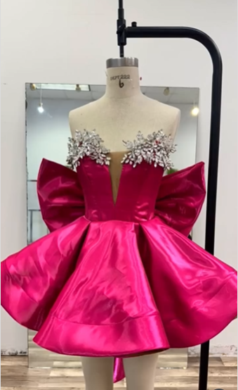 Gorgeous Hot Pink Satin Beaded Homecoming Dress Short Birthday Dress With Bow