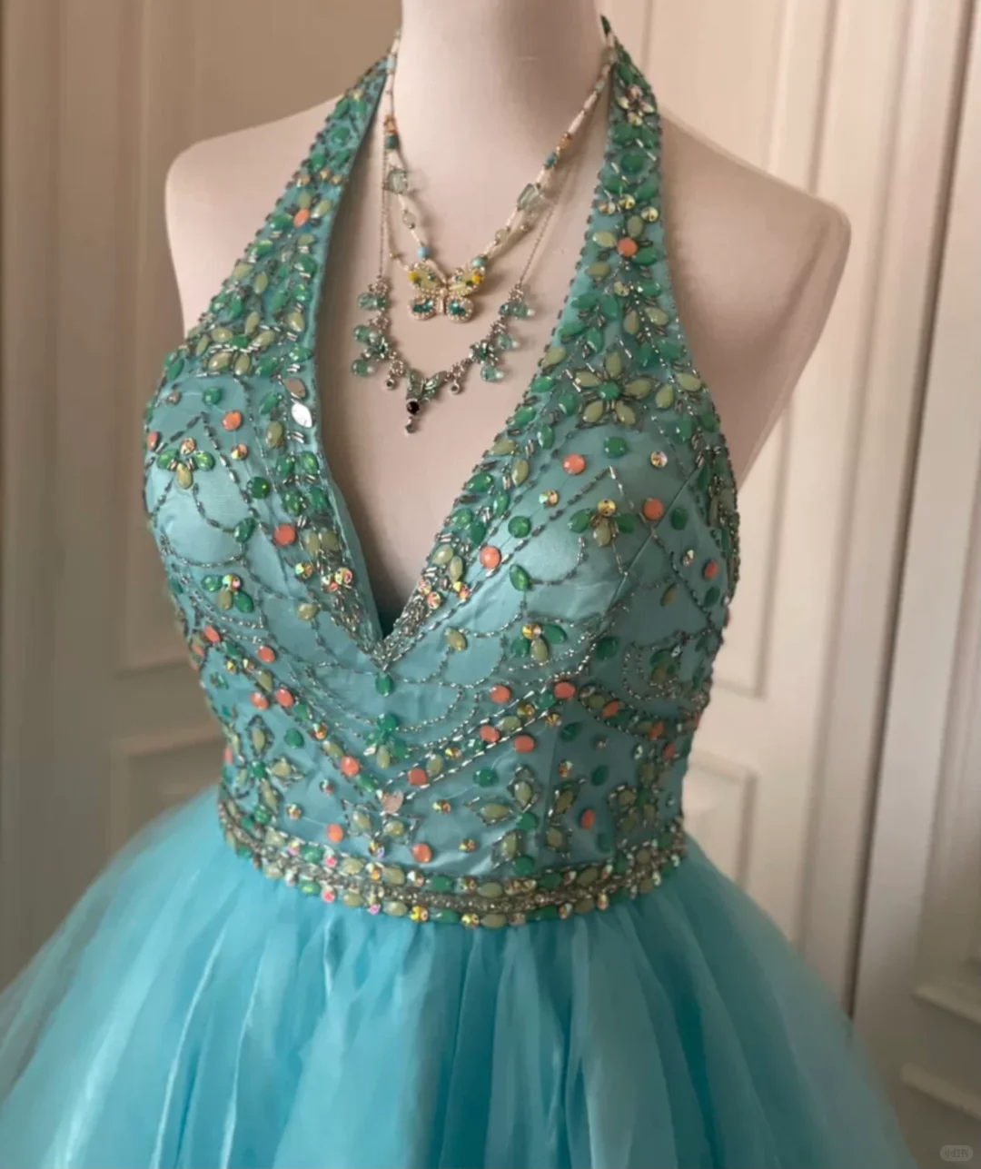 Vintage Blue Tulle Beaded Sleeveless A Line Birthday Dress Homecoming Dress