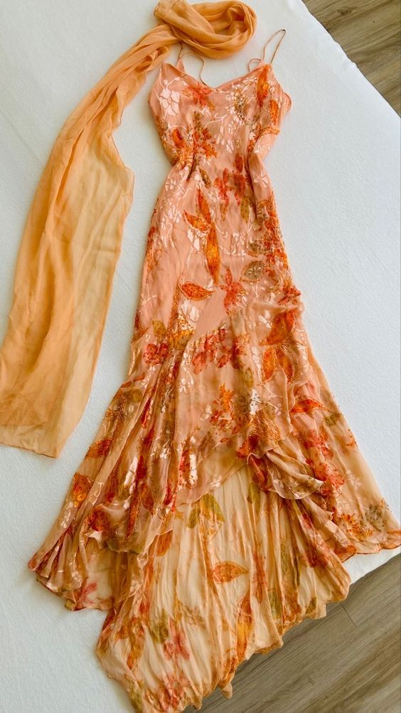 Unique Orange Chiffon Print Floral Beaded Mermaid Prom Dress