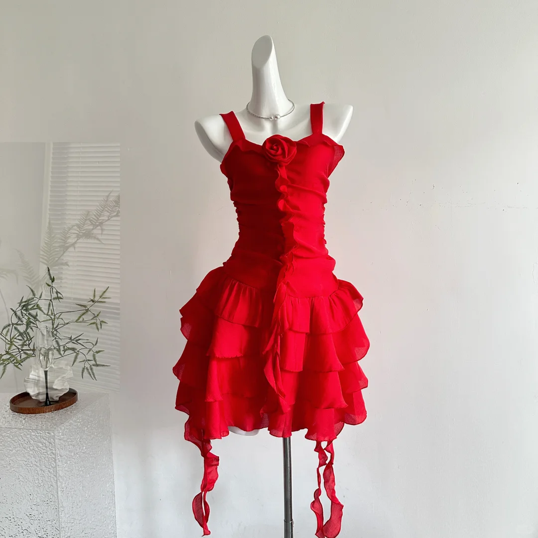 Pretty Red Chiffon Ruffled A Line Vacation Dress Short Birthday Outfits
