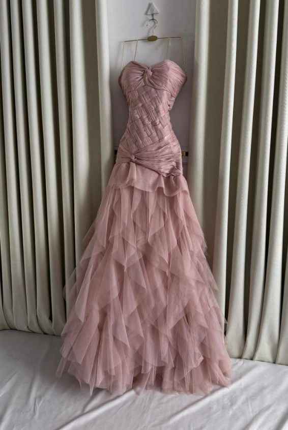 Pretty Pink Strapless Tulle Pleated Mermaid Evening Dress Long Birthday Party Dress