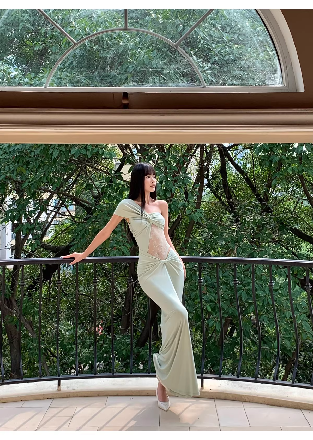 Elegant Pea Green Shoulder Satin Lace Mermaid Long Wedding Guest Dress Formal Evening Dress Prom Dress