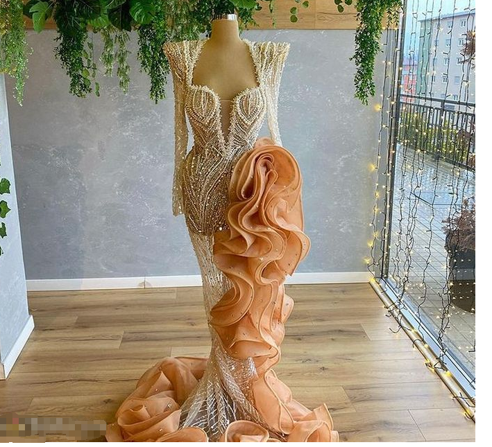Heavy Bead Unique Prom Dress With Side Ruffules Custom Made Evening Dress