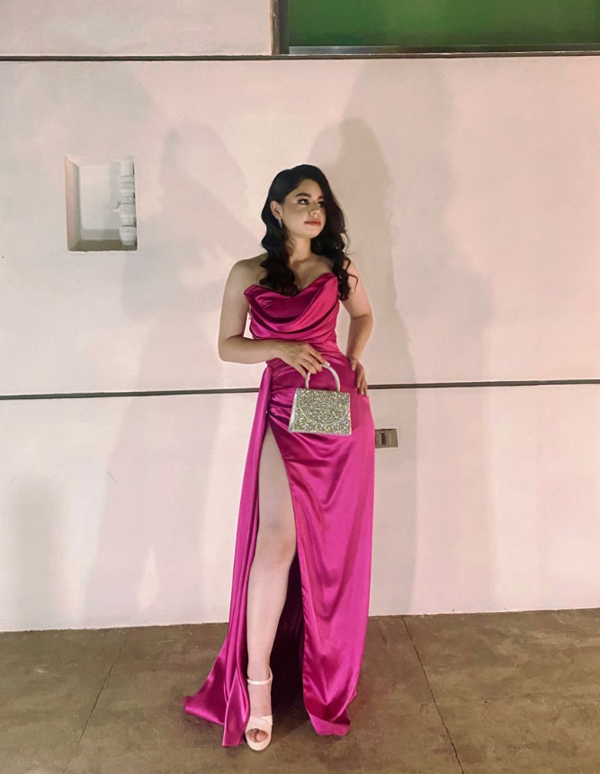 Elegant Hot Pink Strapless Satin Pleated Slit Mermaid Prom Dress Long Wedding Guest Dress
