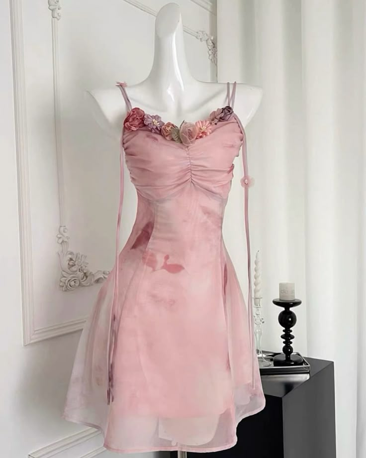 Cute Pink Floral Chiffon A Line Birthday Outfits Cocktail Dress