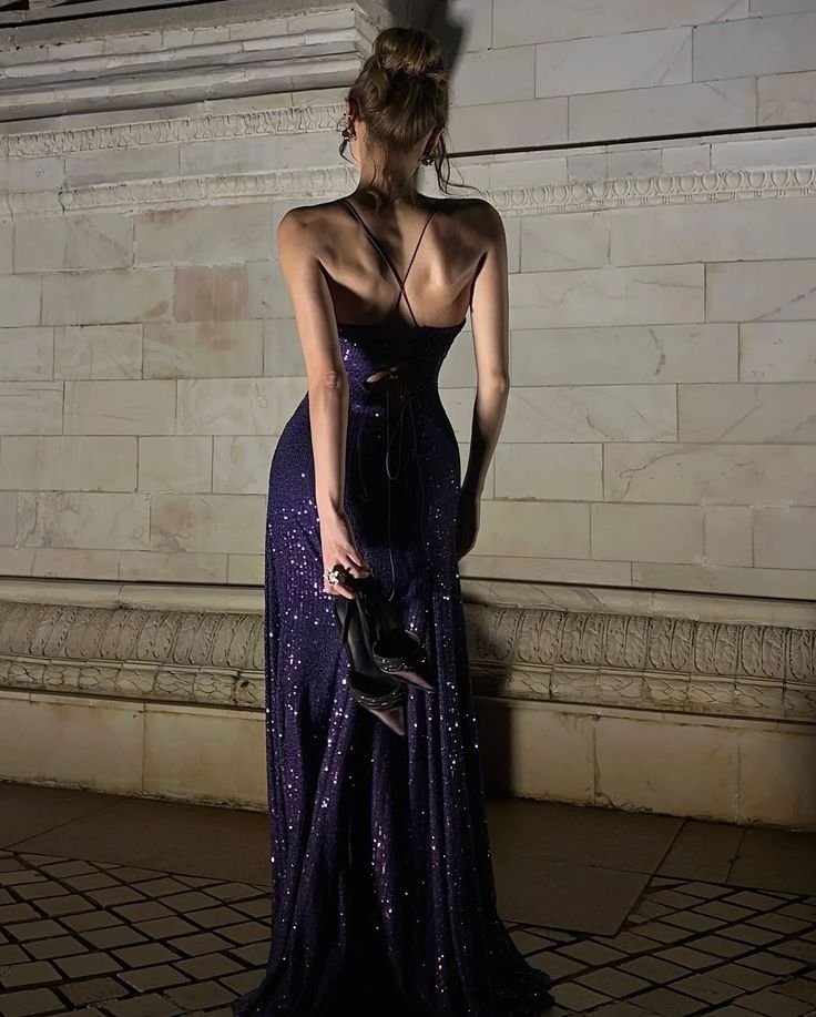 Charming Spaghetti Straps Purple V Neck Sequin Slit Mermaid Evening Dress Long Wedding Guest Dress