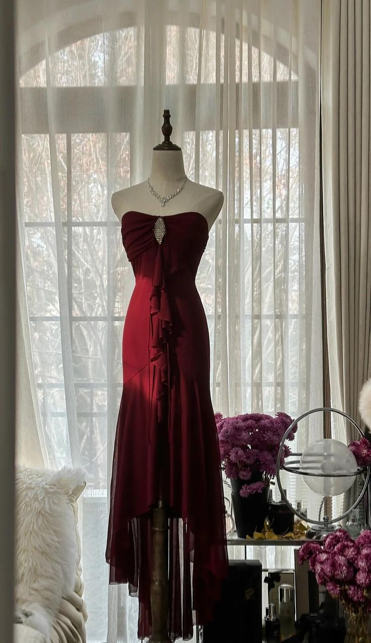 Burgundy Mermaid Chiffon Strapless Prom Dress Graduation Party Dress