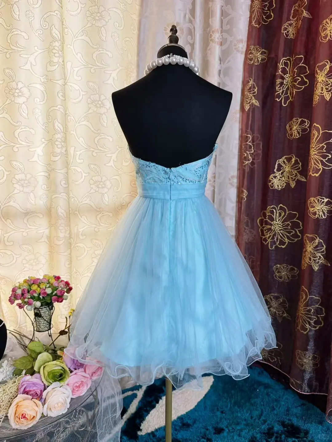 Cute Strapless Light Blue Tulle Appliques A Line Short Graduation Homecoming Dress 20th Birthday Outfits