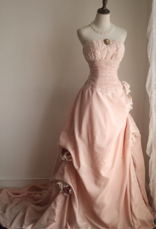 Pretty Pink Strapless Satin Lace Appliques Mermaid Long Party Dress Birthday Dress With 3D Flowers