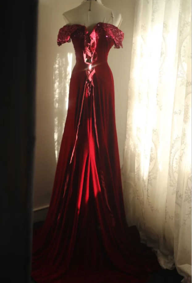Classy Off The Shoulder Red Velvet Mermaid Long Evening Dress Formal Birthday Prom Dress