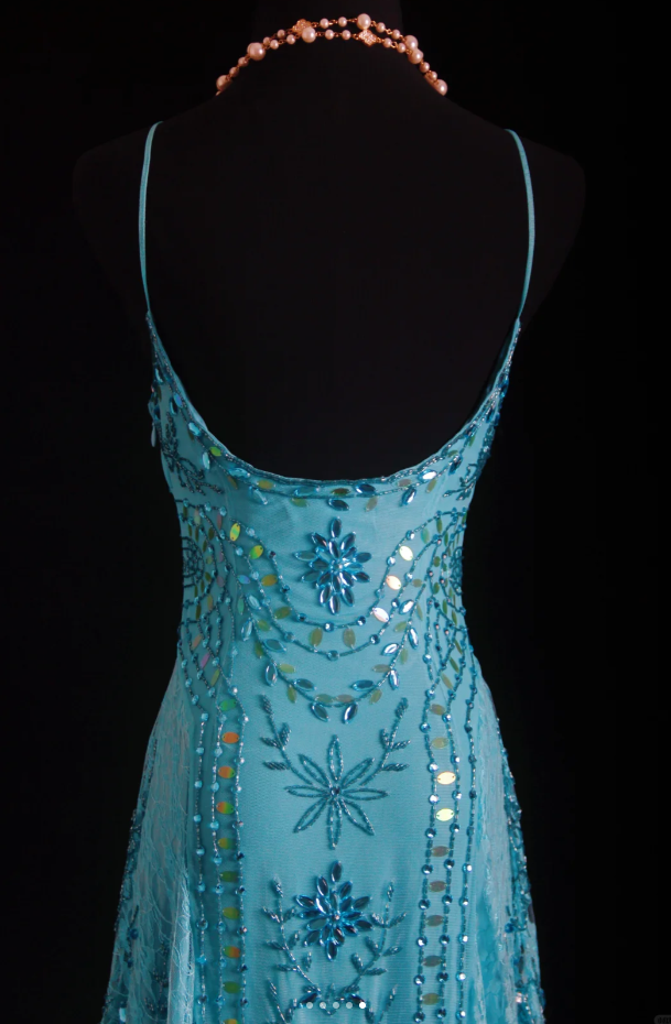 Sparkly Spaghetti Straps Blue Lace Beaded Mermaid Long Party Dress Birthday Prom Dresses