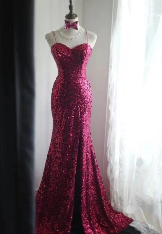 Sparkly Spaghetti Straps Hot Pink Sequin Mermaid Slit Evening Dress Long Wedding Guest Dress