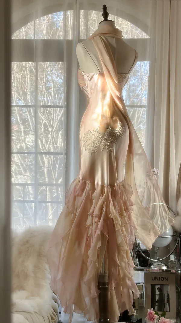 Charming Mermaid Beaded Ruffles Prom Dress,Chiffon Evening Dress