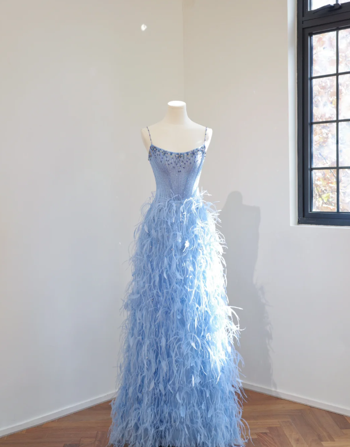 Fairy Spaghetti Straps Blue Satin Beaded Feathers A Line Birthday Prom Dress Party Dress