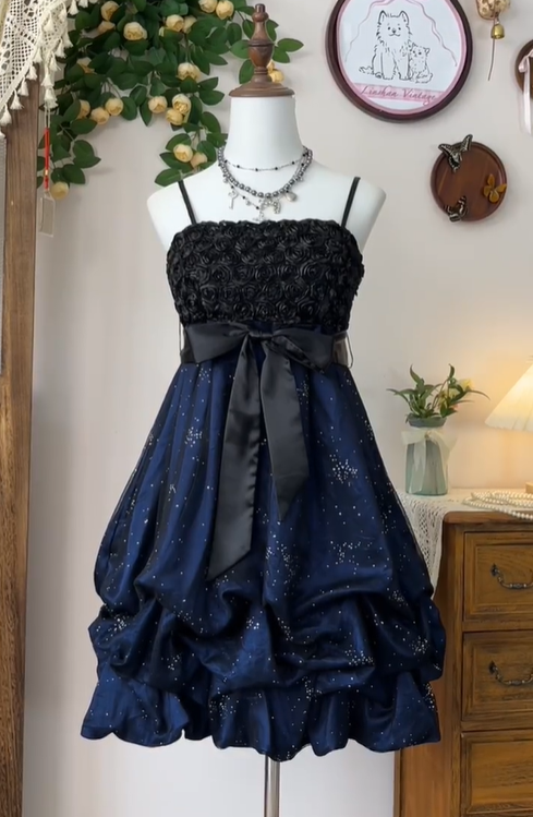 Vintage Spaghetti Straps Rose Flowers Cocktail Dress Navy Blue A Line Homecoming Dress