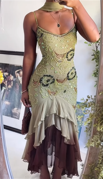 Classy Spaghetti Strap Sage Green Chiffon Beaded Mermaid Evening Dress Long Birthday Party Dress With Scarf