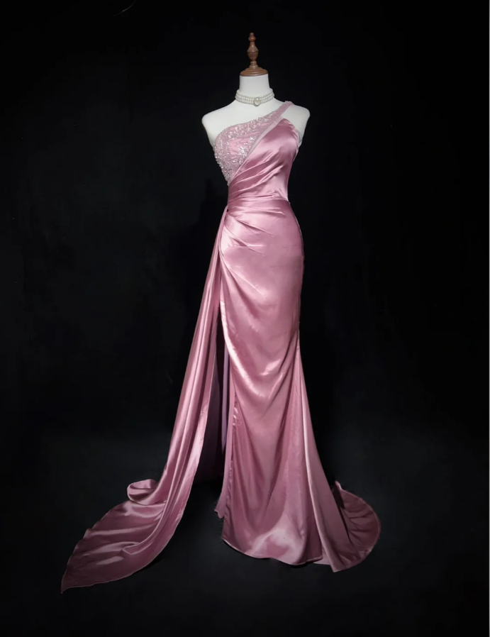 Chic One Shoulder Satin Sequin Beaded Mermaid Long Evening Dress Formal Pink Wedding Guest Dress