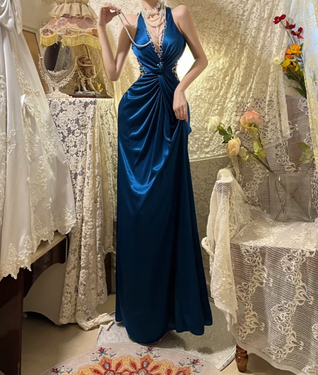 Fashion V Neck Navy Blue Satin Beaded Mermaid Long Party Dress Evening Dress