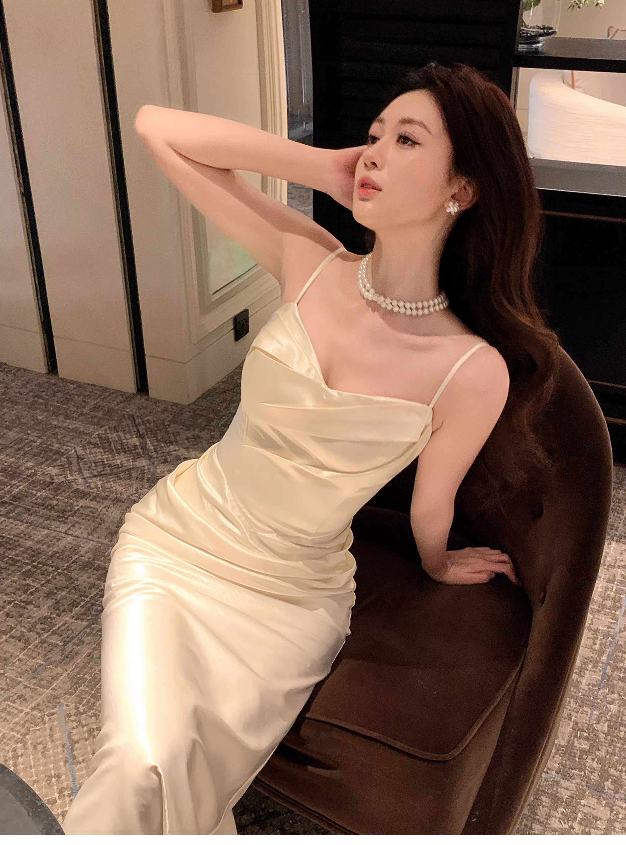 Classy Spaghetti Straps White Satin Pleated Mermaid Long Evening Dress Formal Wedding Guest Dress