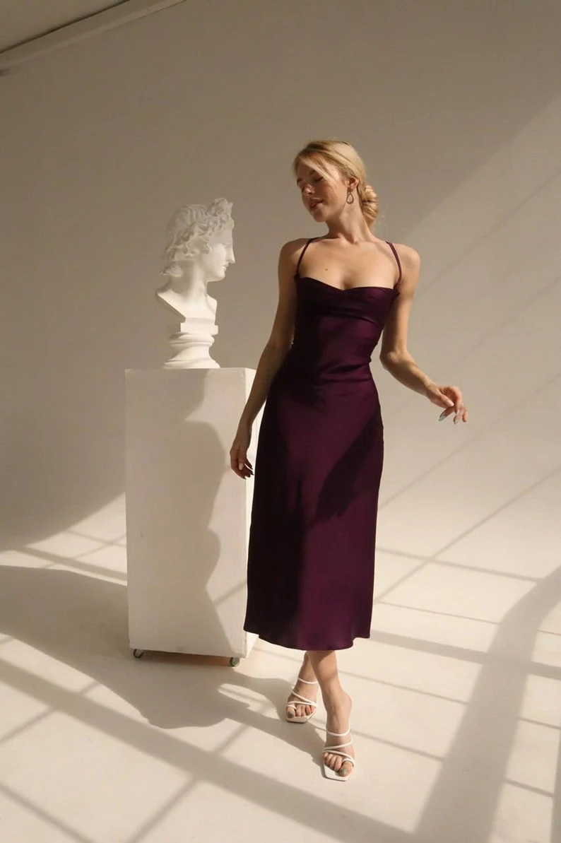 Midi Silk Slip Dress With Cowl Neck Sheath Backless Party Dress