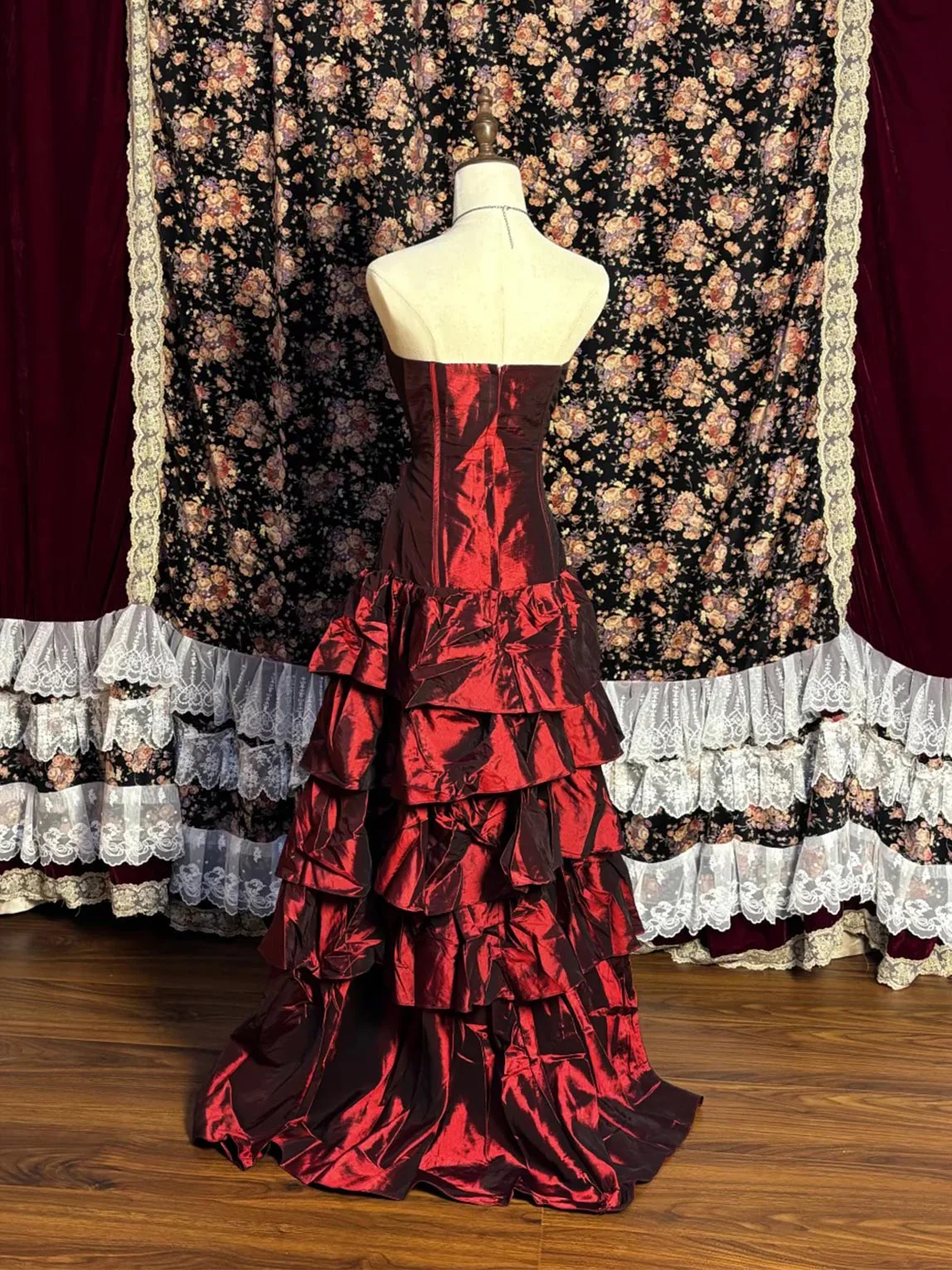 Unique Burgundy Satin Layered Long Party Dress Formal Evening Dress