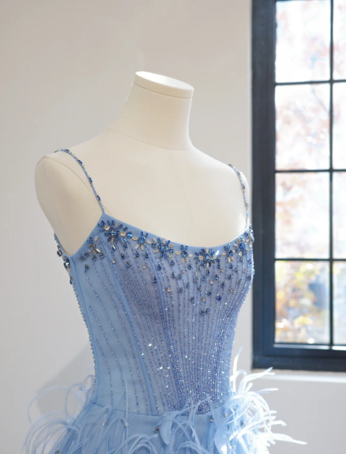 Fairy Spaghetti Straps Blue Satin Beaded Feathers A Line Birthday Prom Dress Party Dress