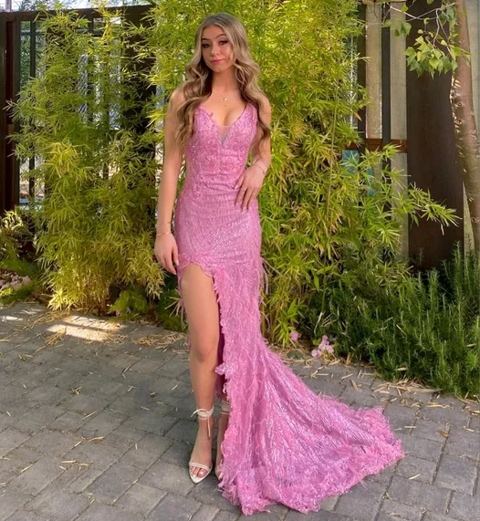 Luxurious Pink Mermaid Slit Lace Appliques Feathers Evening Dress Formal Prom Dress