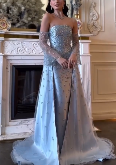 Gorgeous Blue Satin Tulle Beaded Mermaid Evening Dress Long Birthday Party Dress