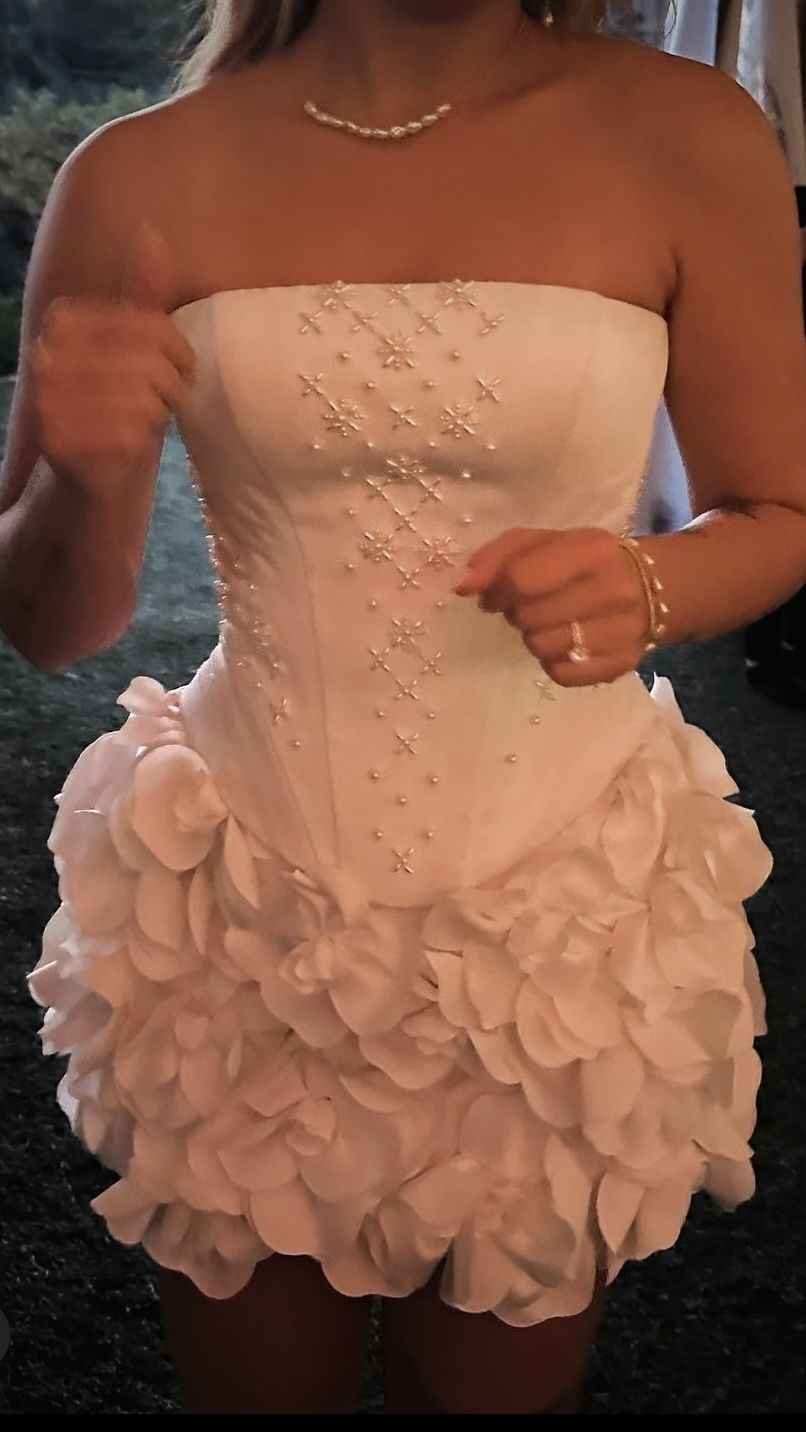 Pretty Strapless White Satin Beaded Sheath Cocktail Dress Short Party Dress Homecoming Dress