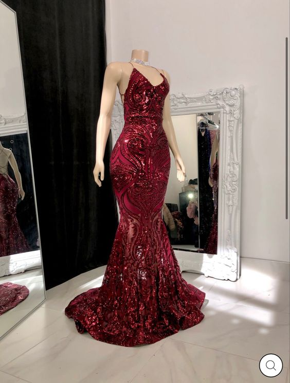 Sexy Burgundy Mermaid Prom Dresses Straps Glitter Sequins Evening Dress