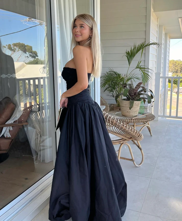Fashion Black Ruched Slit Party Gown A Line Prom Evening Dress