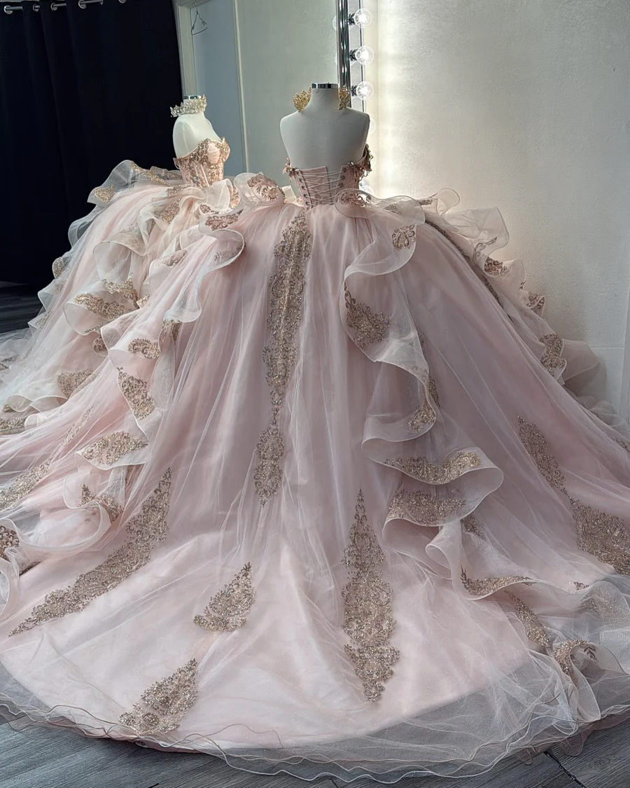 Pretty Pink Off The Shoulder Tulle Beaded Appliques Quinceanera Dress Sweet 16 Dress
