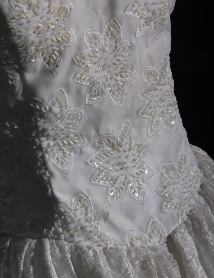 Pretty White Satin Beaded Floral Lace Ball Gown Formal Long Wedding Dress