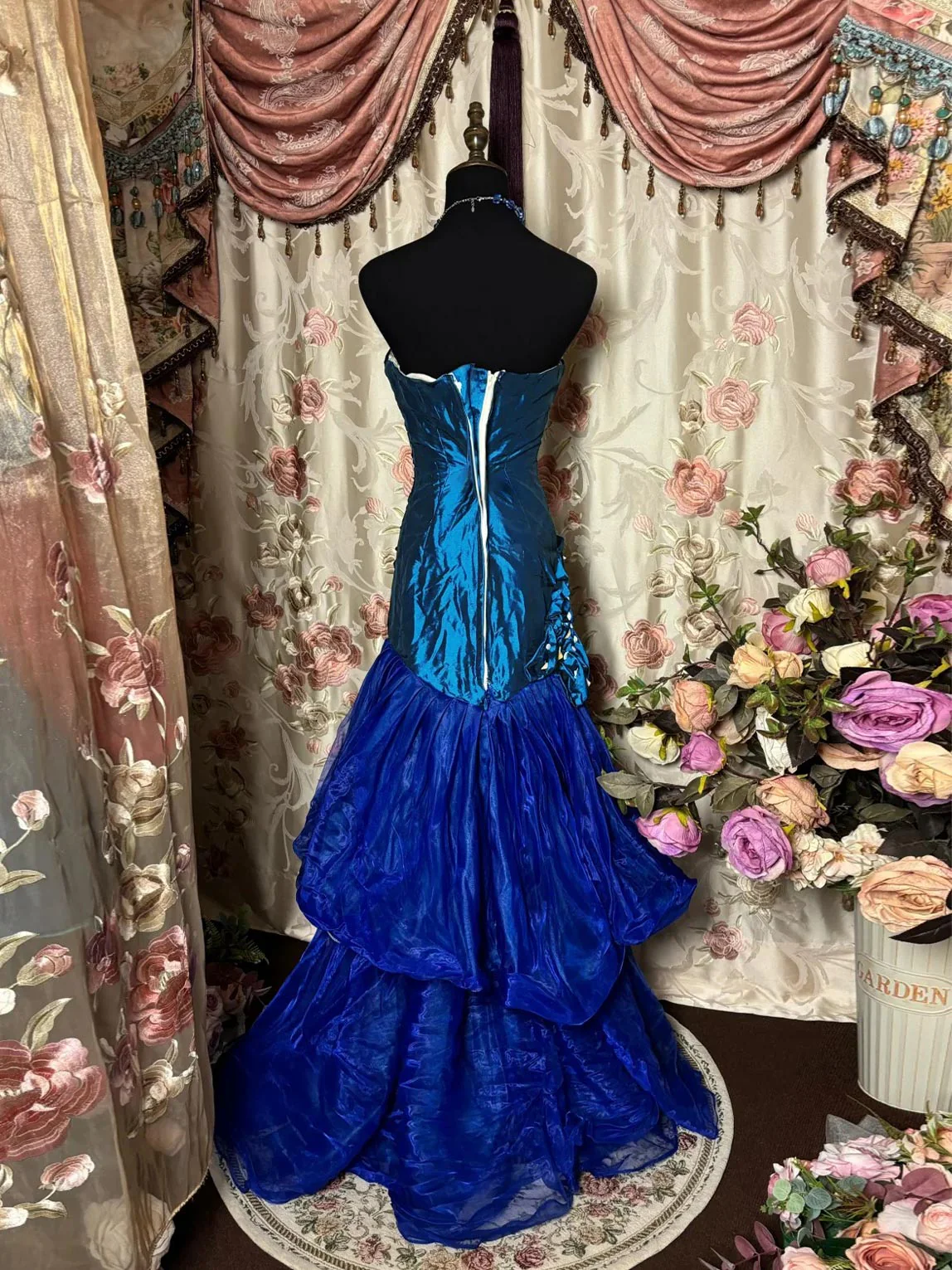 Retro Strapless Satin Tulle Mermaid Evening Dress Blue Long Party Dress Prom Gown With Flowers