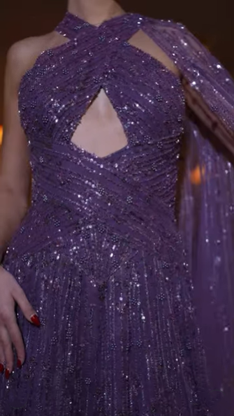 Shiny Purple Tulle Sequin Beaded A Line Long Wedding Guest Dress Formal Birthday Party Dress Evening Dress