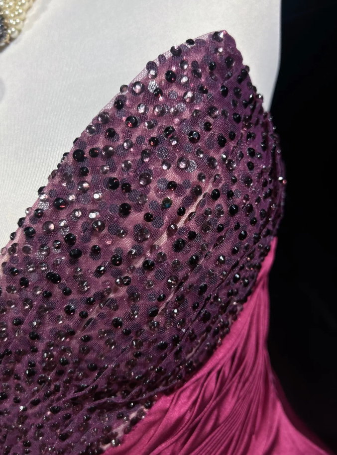 Elegant Strapless Hot Pink Satin Beaded Mermaid Long Wedding Guest Dress Formal Evening Dress