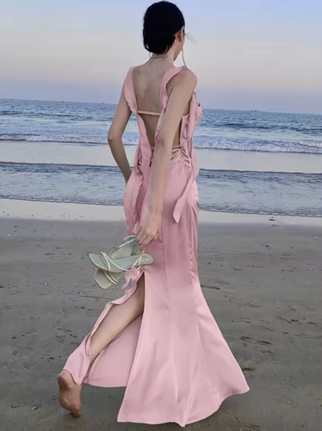 Sweet Pink Mermaid Evening Dress Satin Long Slit Prom Dress