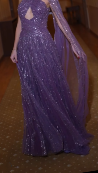 Shiny Purple Tulle Sequin Beaded A Line Long Wedding Guest Dress Formal Birthday Party Dress Evening Dress