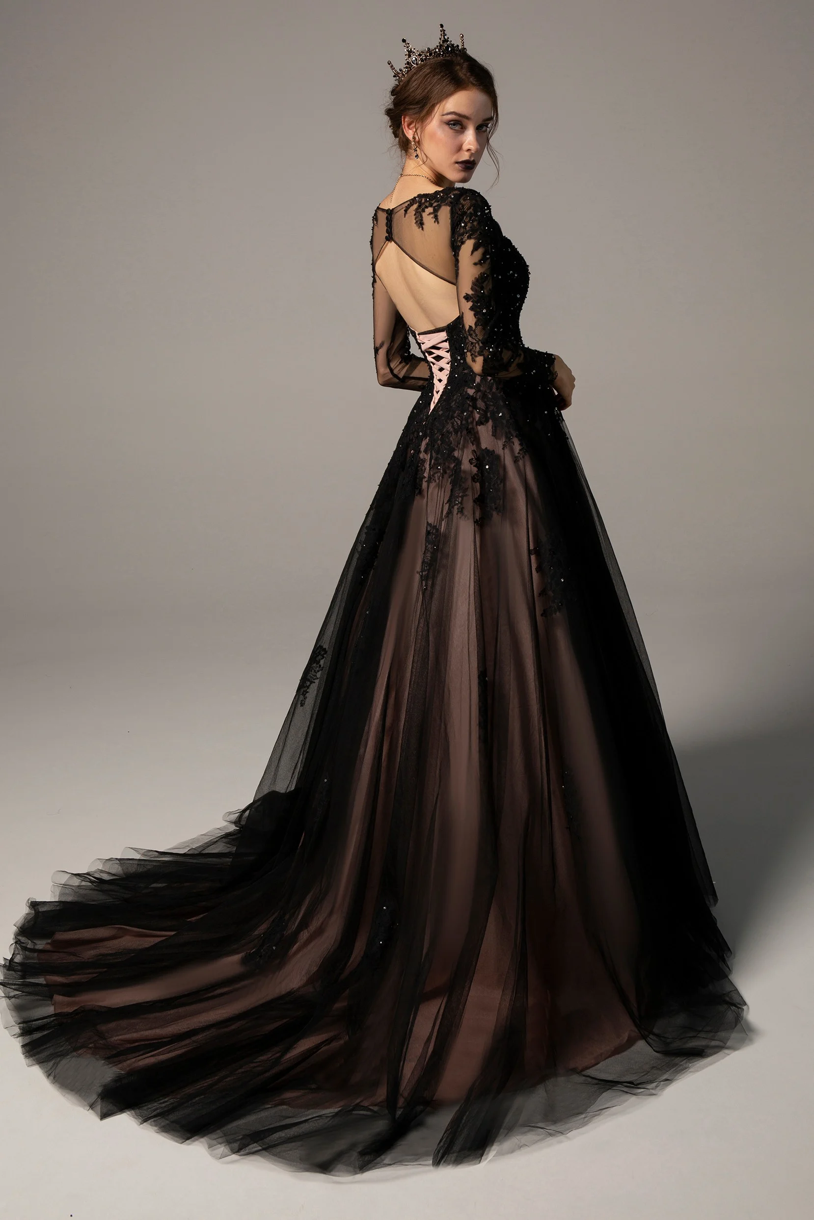 A-Line Court Train Tulle Wedding Dress Black Tulle Lace Bridal Dress
