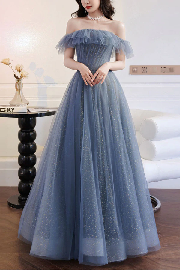 A-Line Gray Blue Off The Shoulder Long Prom Dress Tulle Evening Dress