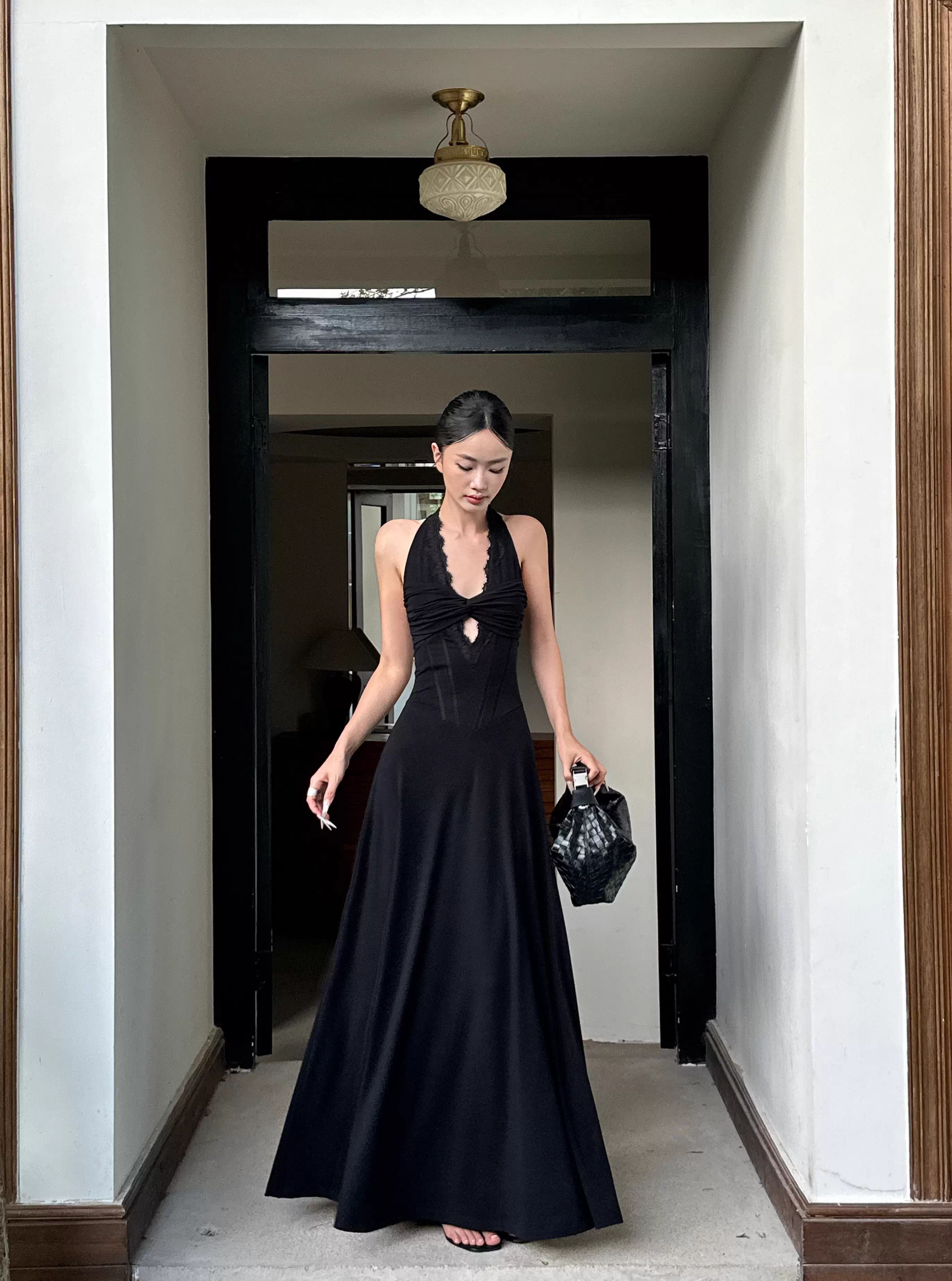 Sexy Black Halter Satin A Line Long Birthday Party Dress Evening Dress Formal Wedding Guest Dress