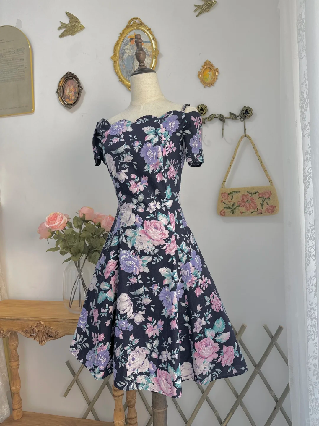 Vintage Satin Print Floral A Line Off The Shoulder Homecoming Dress Short Prom Dress