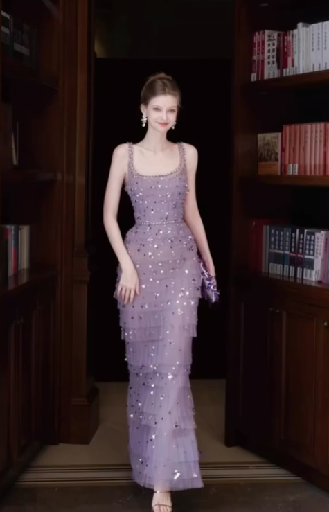 Gorgeous Lilac Sequins Evening Dress,Long Tulle Layered Prom Gown
