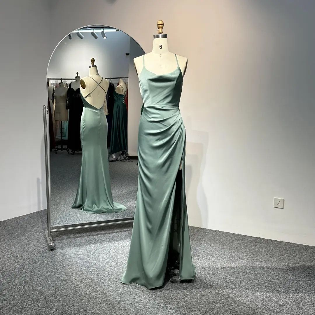 Classy Backless Mermaid Slit Long Bridesmiad Dress Pale Green Wedding Guest Dress
