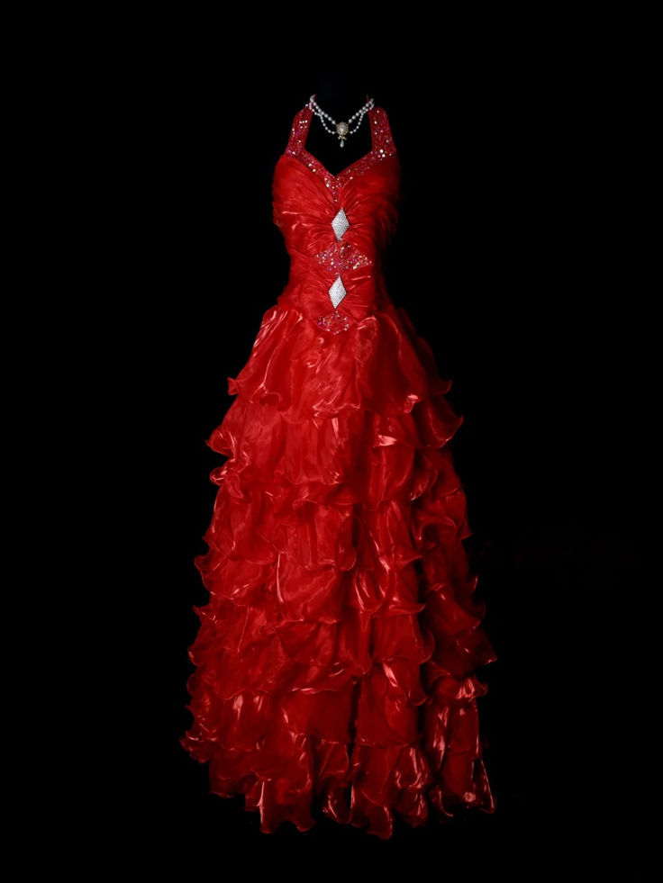 Gorgeous Red Halter V Neck Beaded Organza Pleated Layered Mermaid Long Evening Dress Prom Dress