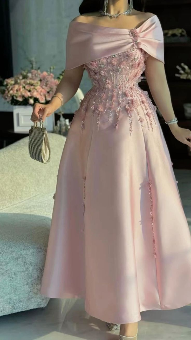Elegant Pink Off The Shoulder Satin Beaded Appliques A Line Long Party Dress Birthday Prom Dress