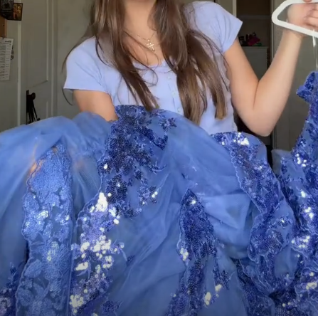 Pretty Blue Tulle Sequins Layered Prom Dress Long Slit Party Evening Gown