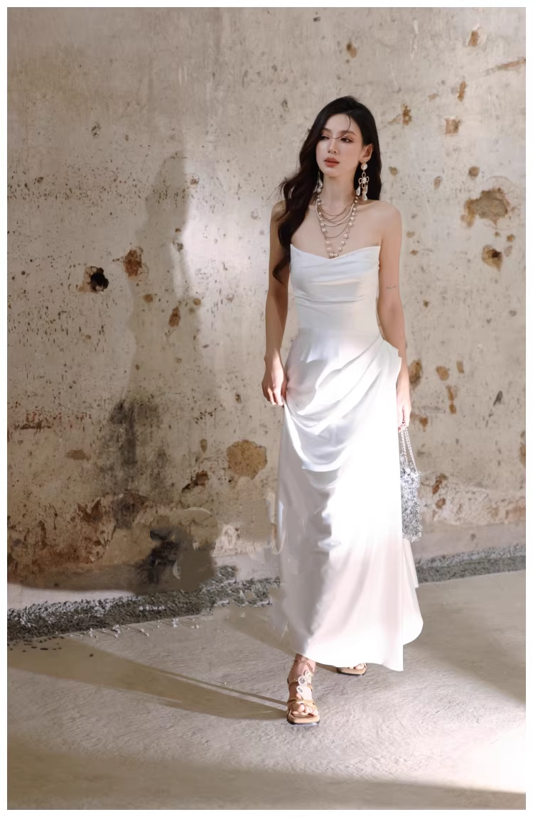 Charming Strapless Satin Pleated Mermaid Long Evening Dress White 19th Birthday Outfits