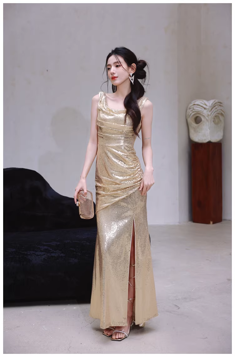 Fashion Gold Sleeveless Sequin Slit Mermaid Long Evening Dress Formal Wedding Guest Dress